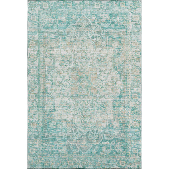 10' X 14' Teal Ivory And Beige Oriental Washable Area Rug With UV Protection