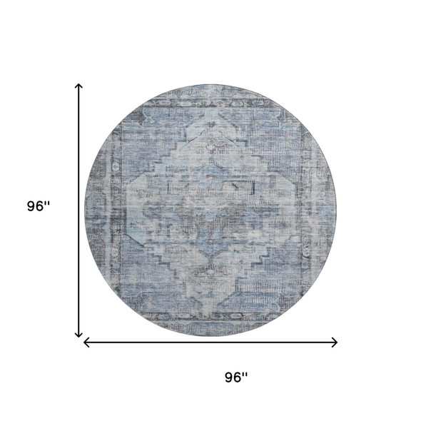 8' Blue And Gray Oriental Washable Round Rug With UV Protection