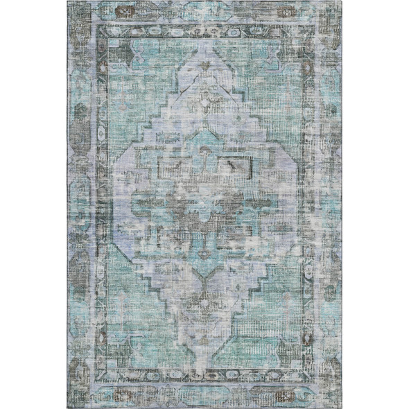 9' X 12' Teal And Charcoal Oriental Washable Area Rug With UV Protection