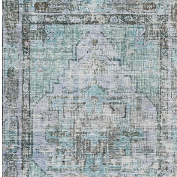 10' X 14' Teal And Charcoal Oriental Washable Area Rug With UV Protection