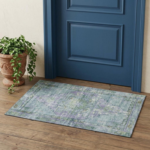 3' X 5' Teal Lavender And Green Oriental Washable Area Rug With UV Protection