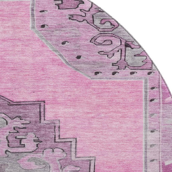 8' Pink And Gray Oriental Washable Round Rug With UV Protection