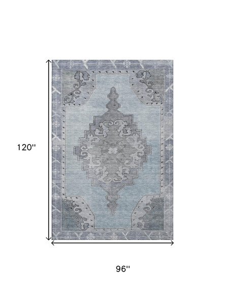 8' X 10' Sky Blue And Gray Oriental Washable Area Rug With UV Protection
