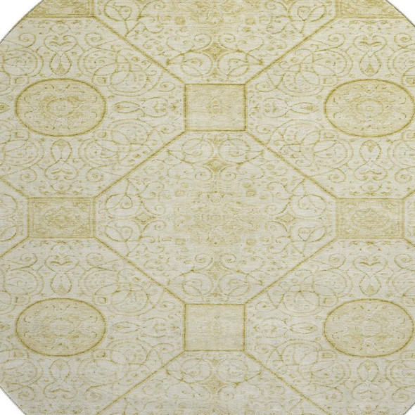 8' Wheat And Gold Geometric Washable Round Rug With UV Protection