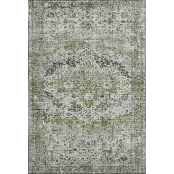 3' X 5' Artichoke Green Gray And Charcoal Oriental Washable Area Rug With UV Protection