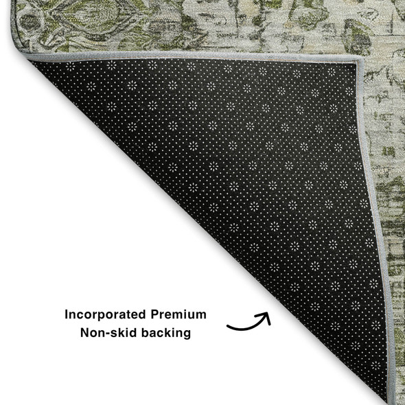5' X 8' Artichoke Green Gray And Charcoal Oriental Washable Area Rug With UV Protection