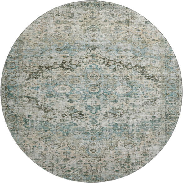 8' Sage Beige And Teal Oriental Washable Round Rug With UV Protection