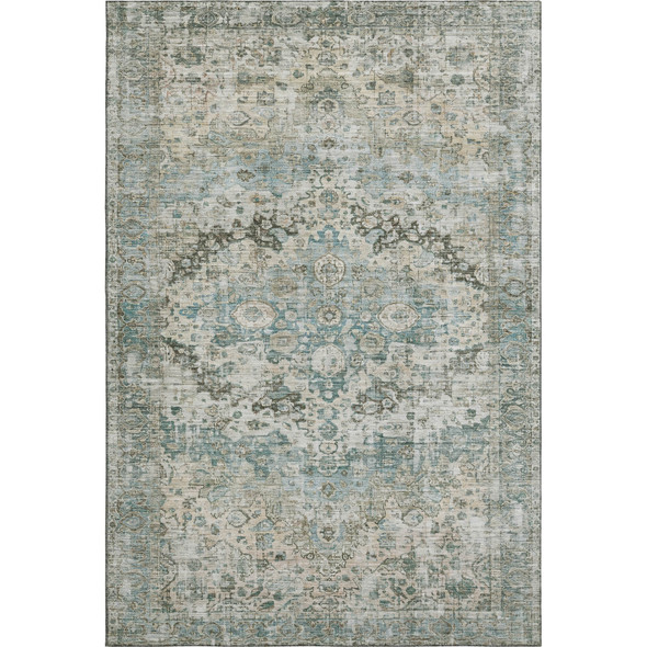 9' X 12' Sage Beige And Teal Oriental Washable Area Rug With UV Protection