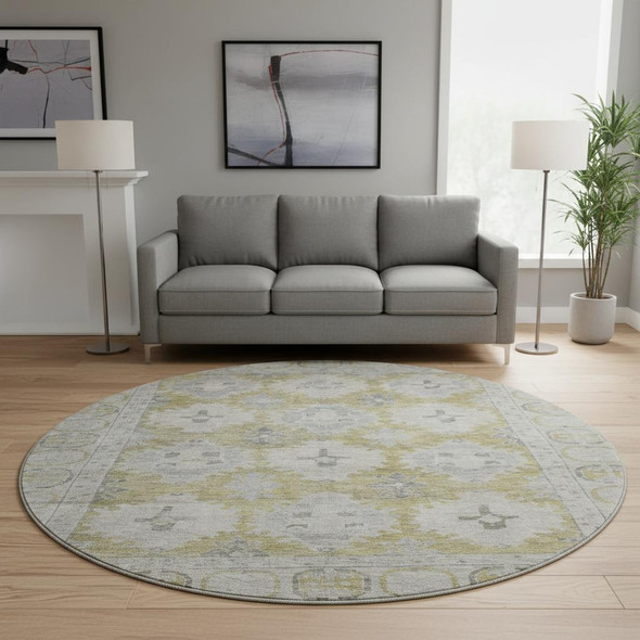 8' Wheat And Gray Oriental Washable Round Rug With UV Protection