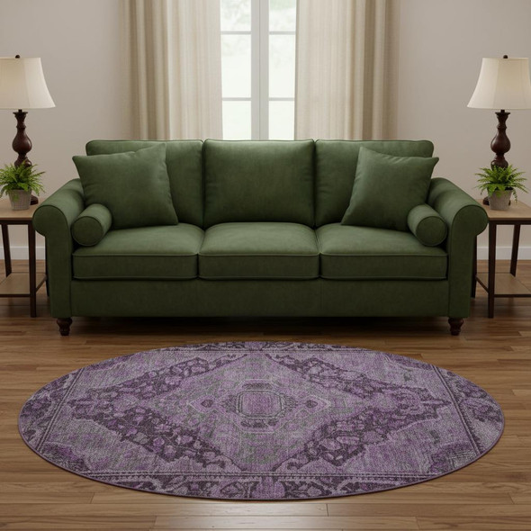 8' Eggplant And Gray Oriental Washable Round Rug With UV Protection