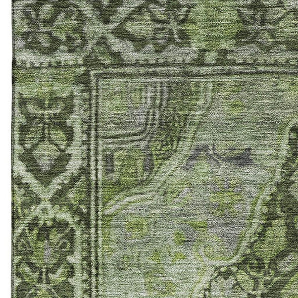 9' X 12' Olive Green And Gray Oriental Washable Area Rug With UV Protection