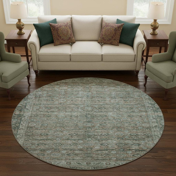 8' Teal And Gray Oriental Washable Round Rug With UV Protection