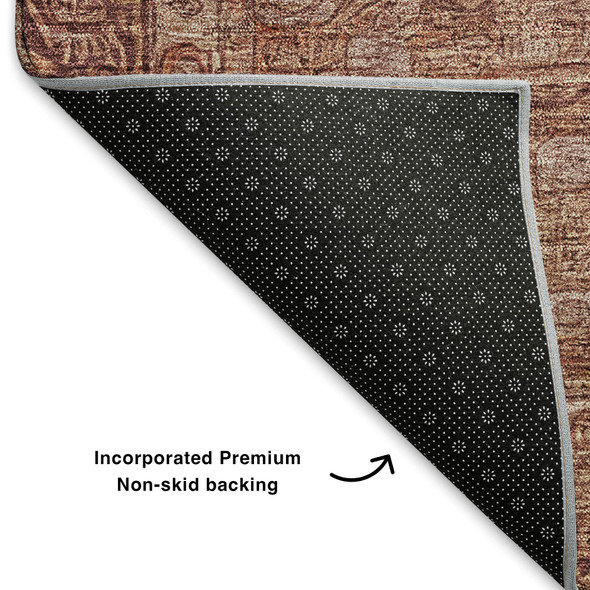 8' Terra Cotta And Rust Oriental Washable Round Rug With UV Protection