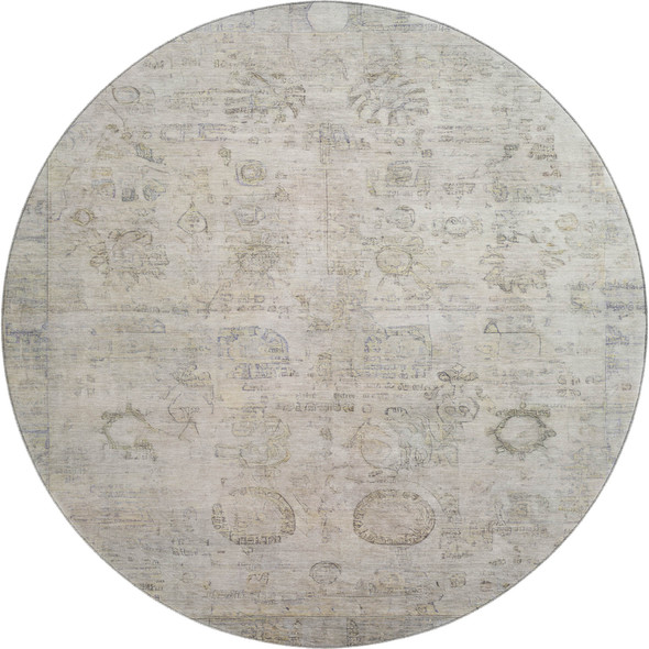 8' Linen And Beige Oriental Washable Round Rug With UV Protection