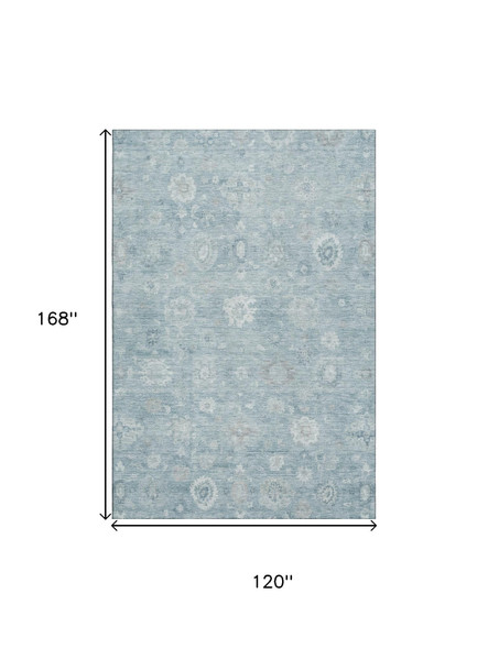10' X 14' Blue And Ivory Damask Washable Area Rug With UV Protection