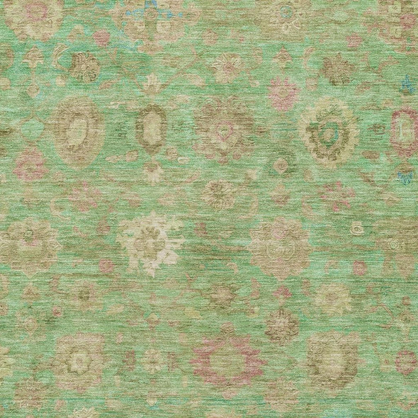 9' X 12' Lime Green Pink And Teal Damask Washable Area Rug With UV Protection