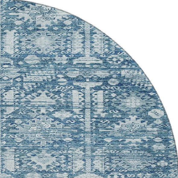 8' Denim Blue And Ivory Oriental Washable Round Rug With UV Protection