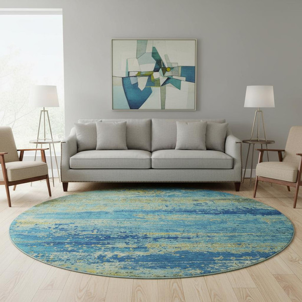 8' Navy Blue And Olive Green Abstract Washable Round Rug With UV Protection