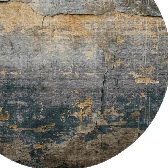 8' Gray Silver And Gold Abstract Washable Round Rug With UV Protection