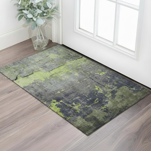 3' X 5' Lime Green Gray And Silver Abstract Washable Area Rug With UV Protection