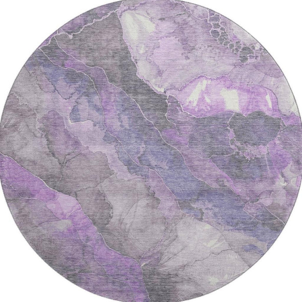 8' Purple Ivory And Gray Floral Washable Round Rug With UV Protection
