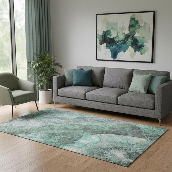 5' X 8' Teal Gray And Ivory Floral Washable Area Rug With UV Protection