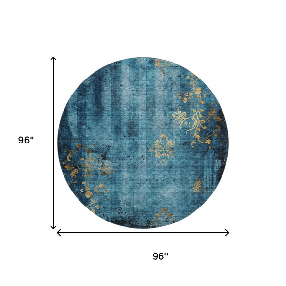 8' Blue And Gold Floral Washable Round Rug With UV Protection