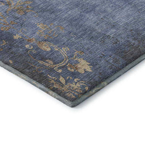 3' X 5' Denim Blue And Beige Floral Washable Area Rug With UV Protection