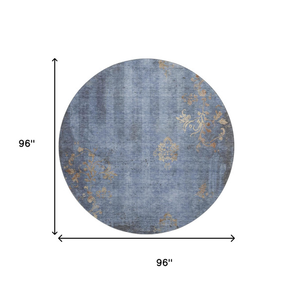 8' Denim Blue And Beige Floral Washable Round Rug With UV Protection