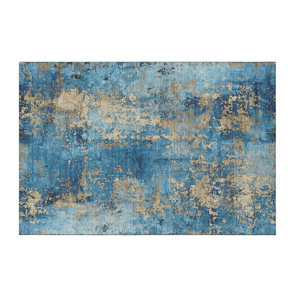 3' X 5' Blue And Gold Abstract Washable Area Rug With UV Protection