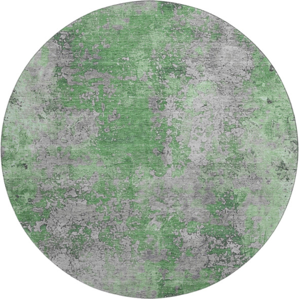 8' Green And Gray Abstract Washable Round Rug With UV Protection