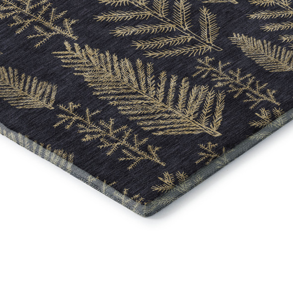 9' X 12' Black And Gold Floral Washable Area Rug With UV Protection
