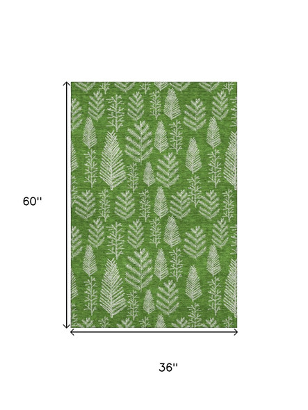 3' X 5' Green And Ivory Floral Washable Area Rug With UV Protection