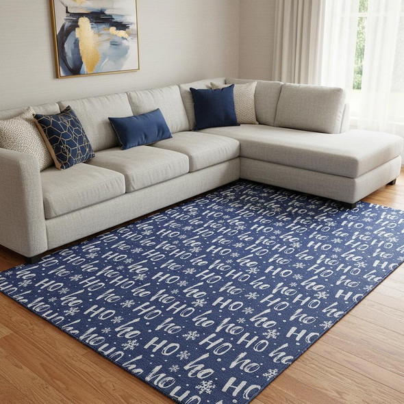 8' X 10' Navy Blue And Ivory Abstract Geometric Washable Area Rug With UV Protection