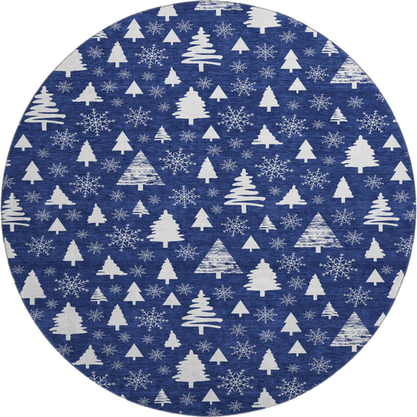 8' Navy Blue And Ivory Abstract Geometric Washable Round Rug With UV Protection