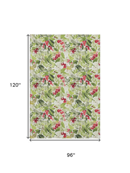 8' X 10' Artichoke Green Red And Ivory Abstract Geometric Washable Area Rug With UV Protection