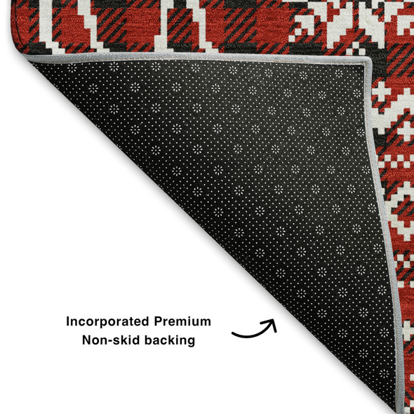 9' X 12' Red Black And Ivory Abstract Geometric Washable Area Rug With UV Protection