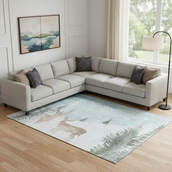 9' X 12' Sky Blue Ivory And Khaki Abstract Geometric Washable Area Rug With UV Protection
