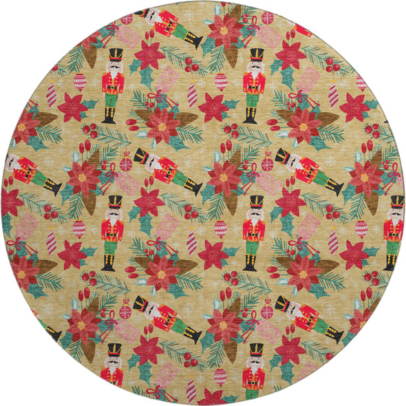 8' Gold Red And Black Abstract Geometric Washable Round Rug With UV Protection