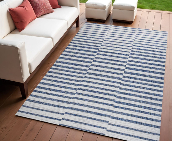 4' X 6' Ivory And Blue Striped Indoor Outdoor Area Rug