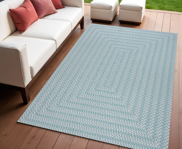 4' X 6' Aqua And Light Gray Striped Indoor Outdoor Area Rug