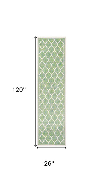 10' Cream And Green Geometric Indoor Outdoor Runner Rug