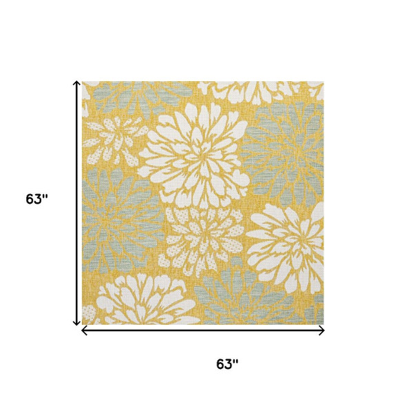5' Yellow And Cream Square Floral Indoor Outdoor Area Rug