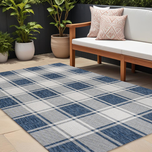 8' X 10' Navy Blue And Cream Gingham Indoor Outdoor Area Rug