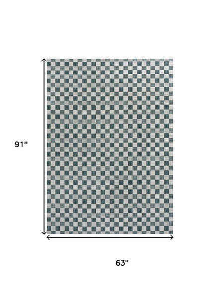 5' X 8' Turquoise And Cream Geometric Indoor Outdoor Area Rug