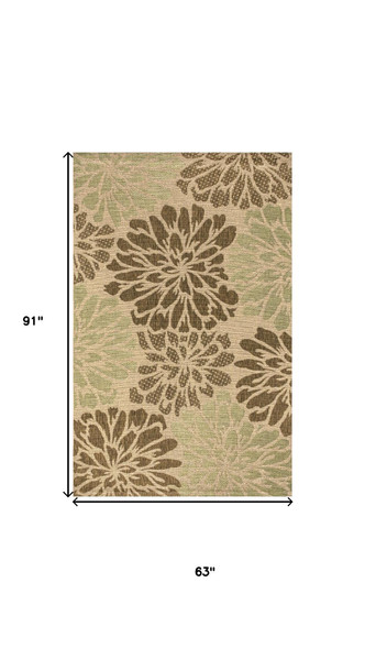 5' X 8' Sage And Brown Floral Indoor Outdoor Area Rug