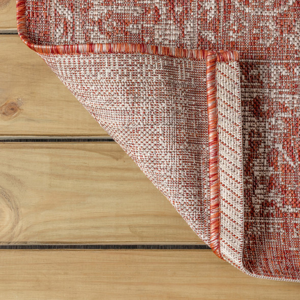9' Red And Taupe Round Medallion Indoor Outdoor Area Rug