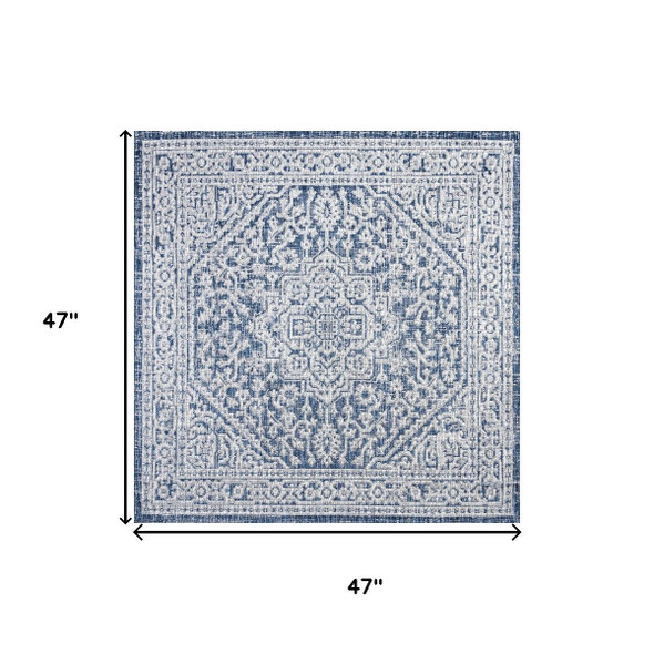 4' Navy Blue And Gray Square Medallion Indoor Outdoor Area Rug