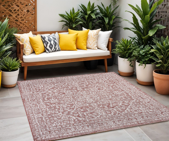 9' Red And Taupe Square Medallion Indoor Outdoor Area Rug