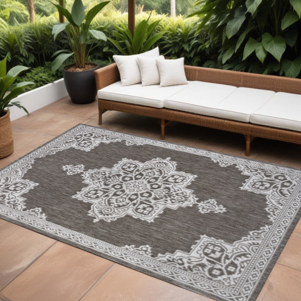 8' X 10' Light Brown And Cream Medallion Indoor Outdoor Area Rug